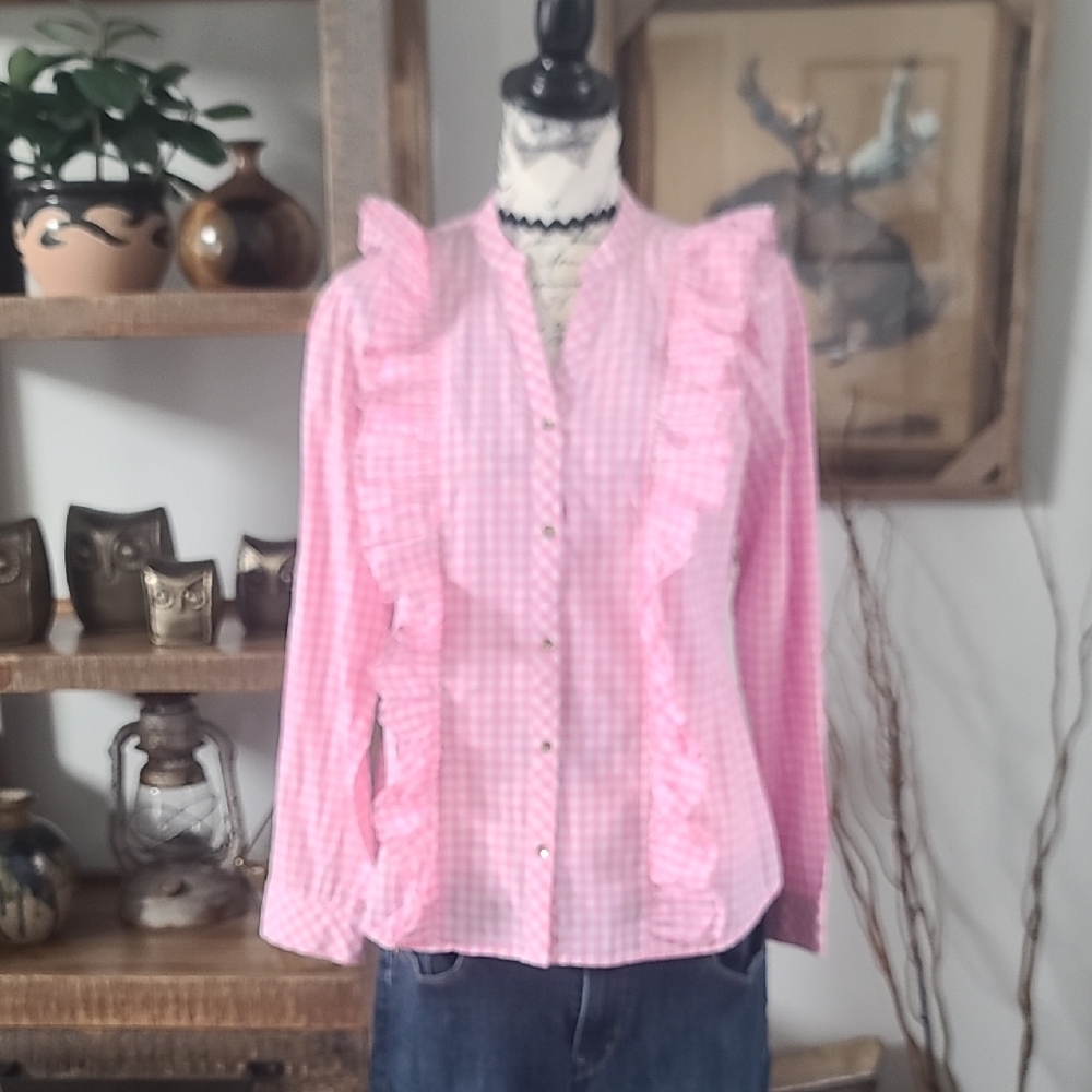 Charter Club Pink Ruffle-Trim Gingham Button-Up Top